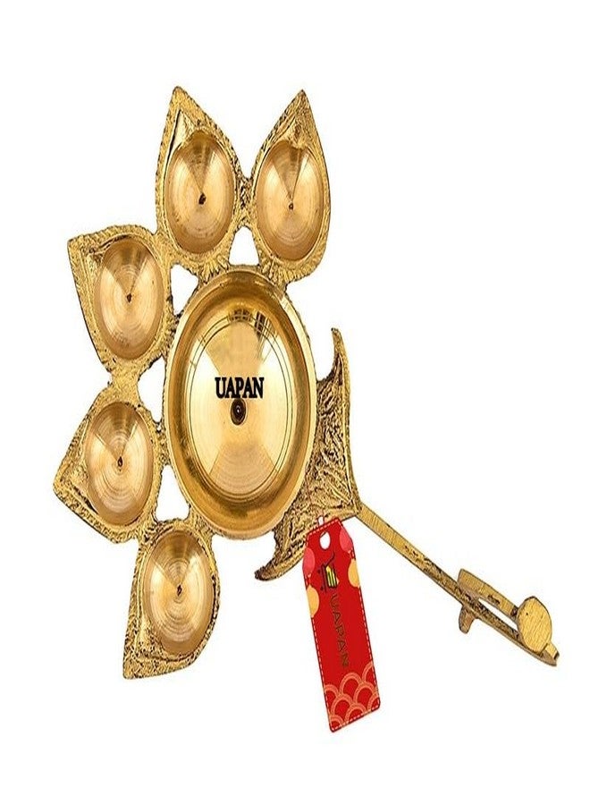 UAPAN Brass Pancharti Diya Oil Lamp Pach Aarti Deepak with Brass Handle Pancharti Diya Panchmukhi Diya with in Goden Colour for Home Temple, Diwali and Others Occasion - Image 4